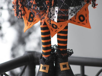 Standing Gnome With Banner & Spring Body, For Halloween Decor - Black / Orange / White