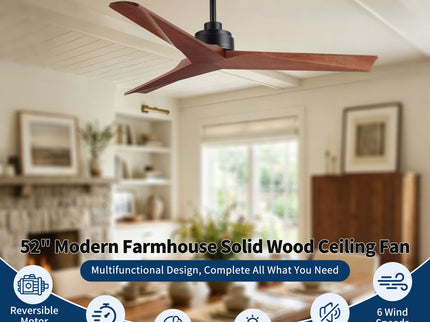 Ceiling Fan Without Light, DC Motor, No Light, Quiet Reversible Ceiling Fan For Living Room - Black