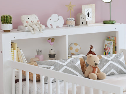 Bed With Headboard Storage Rack, 2 Under Bed Drawers, 3 Side Guardrails For Safety