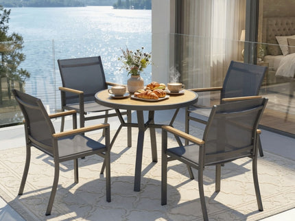 Gray Aluminum Patio Dining Set With Textilene Chairs, 5 Piece All Weather Round Table And 4 Seater For Garden, Deck, Or Porch