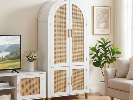 Tall Arched Cabinet With Rattan Doors & Adjustable Shelves