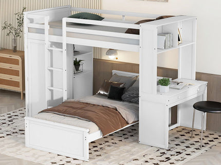 Loft Bed With A Stand Alone Bed, Shelves, Desk, And Wardrobe
