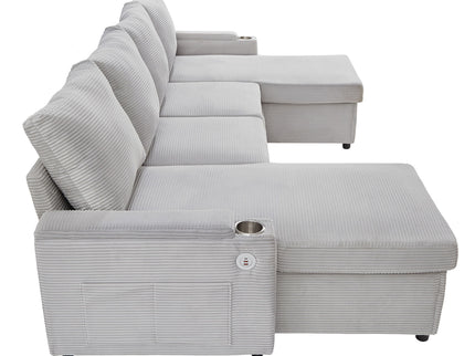 U Shaped Sectional Sofa Bed With Storage Chaise Lounges, USB Ports, And Cup Holders