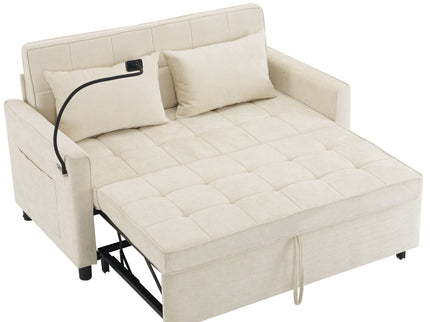 Pull-Out Sleeper Sofa With Reversible Backrest Cushion, Side Pockets, 2 USB Ports And A Phone Holder For Living Room