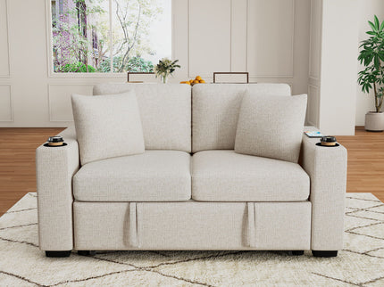 Modern 2 Seater Loveseat Sofa With Pull-Out Bed, Fabric, Built-In USB Ports & Cup Holders