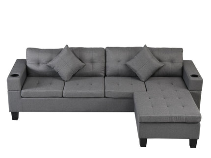 Modern Sectional Sofa Set With L Shape Chaise Lounge, Cup Holder, 4 Seat - Gray