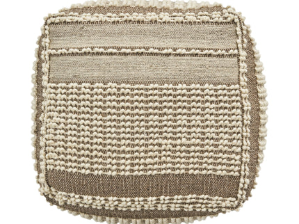 Rustic Wool And Cotton Large Pouf, Handcrafted Tufted Design - Brown / Beige