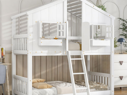 House Bunk Bed With Roof, Window, Window Box, Door, With Safety Guardrails And Ladder