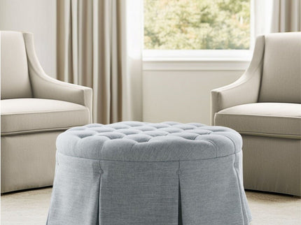 Skirted Tufted Round Ottoman With Button Top - Gray