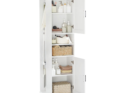 Tall Freestanding Bathroom Storage Cabinet With Adjustable Shelves And Side Hooks Board, Rectangle Design