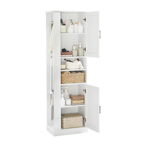 Tall Freestanding Bathroom Storage Cabinet With Adjustable Shelves And Side Hooks Board, Rectangle Design