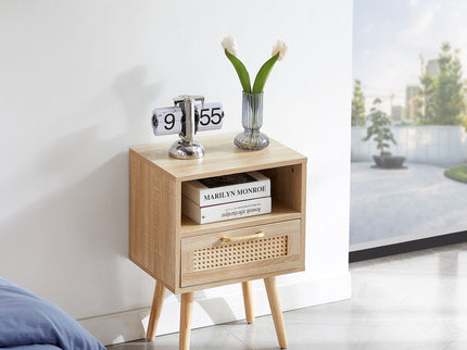15.75" Rattan End Table With Drawer And Solid Wood Legs, Modern Nightstand, Side Table For Living Room, Bedroom