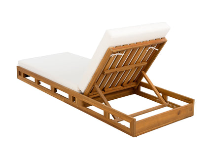 Premium Acacia Wood Lounge Chaise Set With Water Resistant Cushions, Adjustable Recline - Cream / Teak