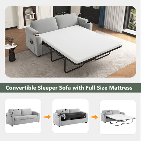 Sleeper Sofa Loveseat Sofa With Full Size Mattress, 2 USB Ports, 2 Cup Holders, 2 Side Pockets And Phone Holder