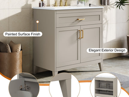 30" Bathroom Vanity With Sink Top, Soft Close Double Doors & Tip Out Drawer, Adjustable Interior Shelf, Door Mounted Organizers - Beige