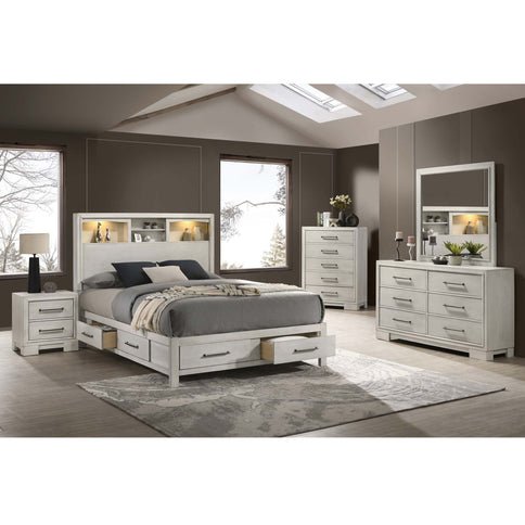 Bed Set With Storage Drawers, Open Shelves, And Built In LED Lighting