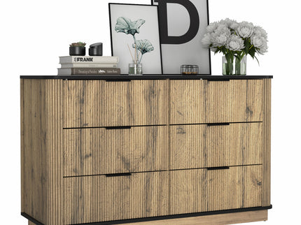 Modern 6 Drawer Cabinet With Metal Rounded Corners And Exquisite Handles Multi Functional Storage - Natural Wood