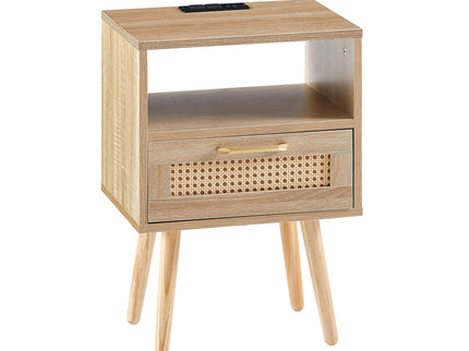 15.75" Rattan End Table With Power Outlet & USB Ports, Modern Nightstand With Drawer And Solid Wood Legs, Side Table For Living Room, Bedroom