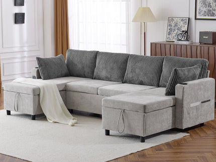 Sectional Sofa Bed With Pull Out Sleeper, USB Ports, Cup Holders