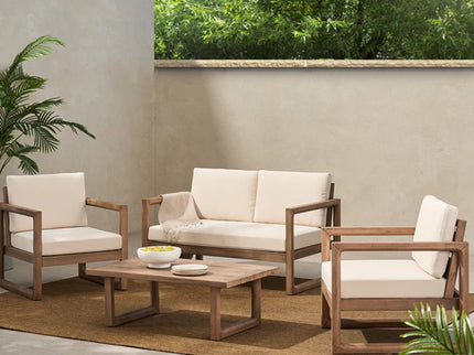 4 Pieces Acacia Wood Patio Furniture Set, Outdoor Furniture With Coffee Table, Patio Conversation Set Deep Seating With Soft Cushion, Porch Chairs For Backyard Porch Balcony - Brown Wash / Beige