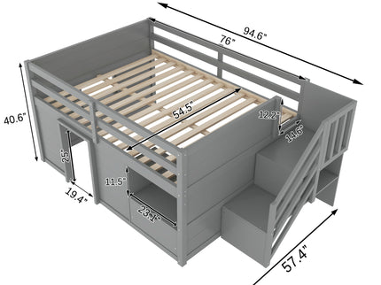 Low Loft Bed Frame With Built In Stairs, Storage Drawer, Shelf And 7 Color LED Light