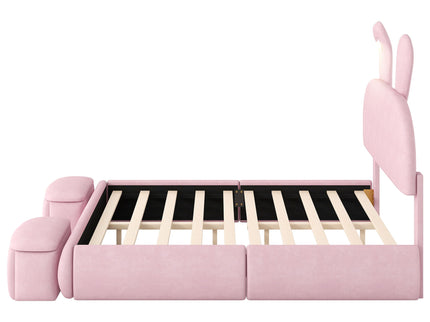 Full Upholstered Platform Bed With Cartoon Ears Headboard And LED Light - Pink