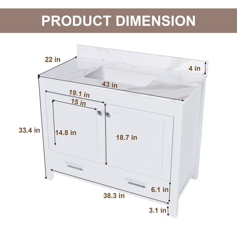 43" Bathroom Vanity, Multi Functional Cabinet, Doors And Drawer - White