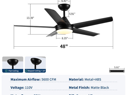 Ceiling Fan With Lights And Remote Control, Reversible DC Motor, 6 Speeds, 3 Cct Dimmable LED, Quiet Timer For Indoor - Black