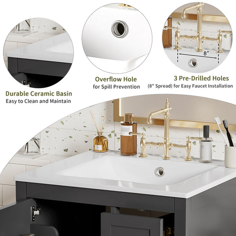 Bathroom Vanity With Sink, Soft-Close Doors, Double-Layer Shelf And 3 Drawers