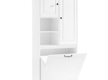 Modern Tall Storage Cabinet With Adjustable Shelves, Flip-Out Basket & Enclosed Doors
