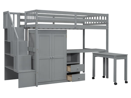 Loft Bed With Stairs, Bookshelf, Drawers, Desk & Wardrobe, Space Saving Multifunctional Furniture