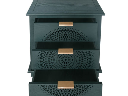 Hollow Carved 3 Drawer Dresser With Metal Handles, Storage Chest For Living Room Or Bedroom - Blackish Green
