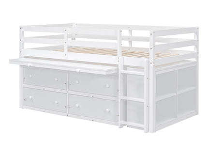 Loft Bed With Retractable Writing Desk And 4 Drawers, With Lateral Portable Desk And Shelves