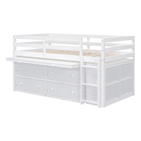 Loft Bed With Retractable Writing Desk And 4 Drawers, With Lateral Portable Desk And Shelves