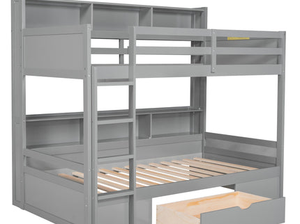 Twin Size Bunk Bed With Built-In Shelves Beside Both Upper And Down Bed And Storage Drawer