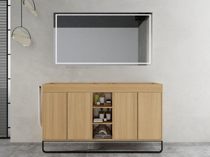 58" Freestanding Bathroom Cabinet With 4 Soft Close Doors & 3 Open Racks (Vanity Only, No Sink) - Oak