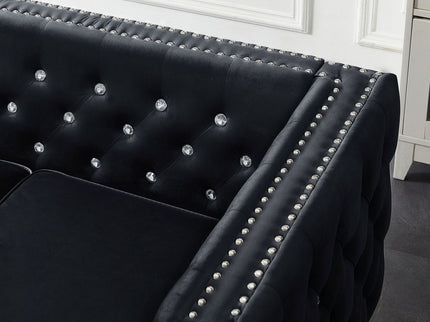 Wide Sofa With Jeweled Buttons Square Arm, 2 Pillows