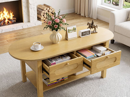 Oval Coffee Table With With 2 Storage Drawers For Living Rooms - Wood