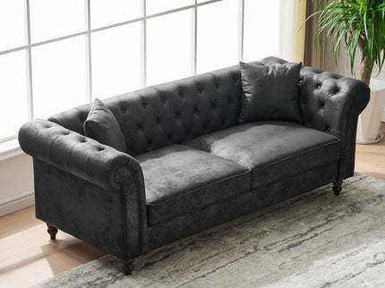 Chesterfield Sofa, High Tech Fabric Roll Armrest, 3 Seater Mid Century Modern Couch - Black