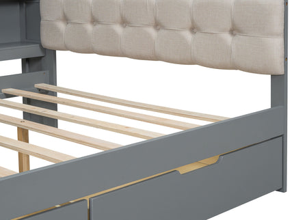 Upholstered Headboard Platform Bed With Storage Shelves, Drawers, Charging Station