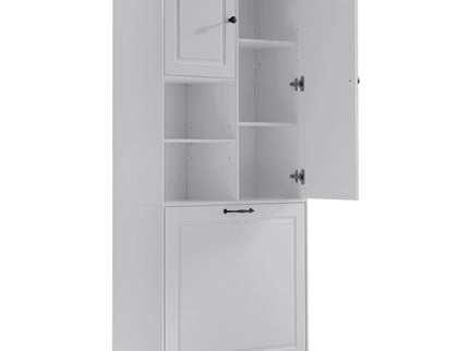 Modern Tall Storage Cabinet With Adjustable Shelves, Flip-Out Basket & Enclosed Doors