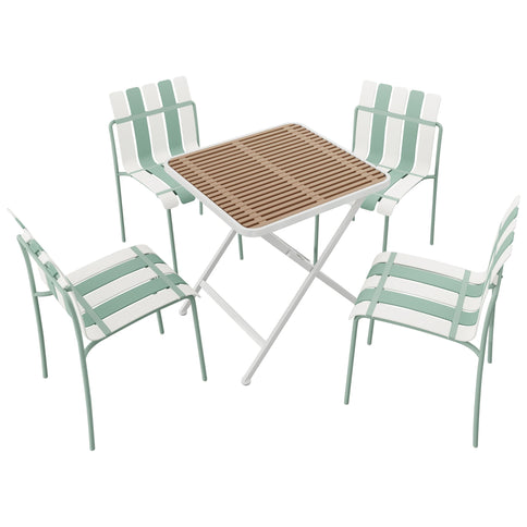 4 Piece Set Of Color Block Designed Single Chairs, Folding Square Table - Haze Green / Khaki / White