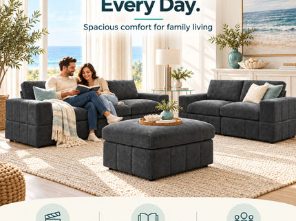 Oversized Modular Sectional Sofa Set With Loveseat & Ottoman, 6 Piece Living Room Furniture - Dark Gray