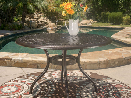 Tranquilius - Outdoor Round Dining Table With Lattice Tabletop, Umbrella Hole And Curved Legs