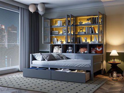 Daybed With Glass Door Storage Cabinets, Built In LED Lighting And Shelves