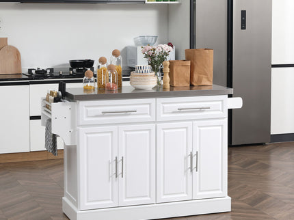 Homcom - Rolling Kitchen Island With Storage, Portable Kitchen Cart With Stainless Steel Top, 2 Drawers, Spice, Knife And Towel Rack And Cabinets