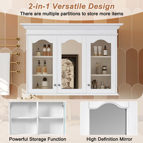 Medicine Cabinet With Mirror Door And Adjustable Shelves, Wall-Mounted Bathroom Storage Cabinet - White