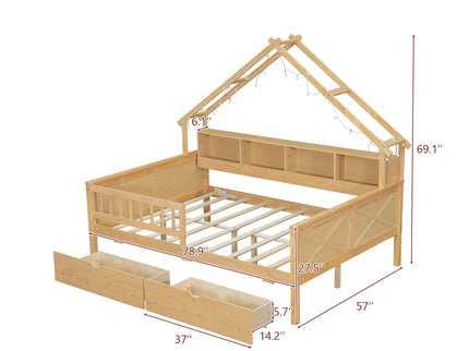 House Style Platform Bed With LED Lights, Storage Shelves, Drawers, And Guardrail