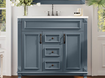 36" Bathroom Vanity With Top Sink, Basin On Cabinet With 2 Soft Closing Doors And 2 Drawers - Blue