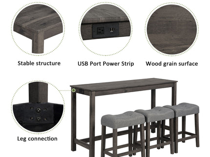 4 Piece Bar Table Set With Power Outlet, 3 Padded Stools